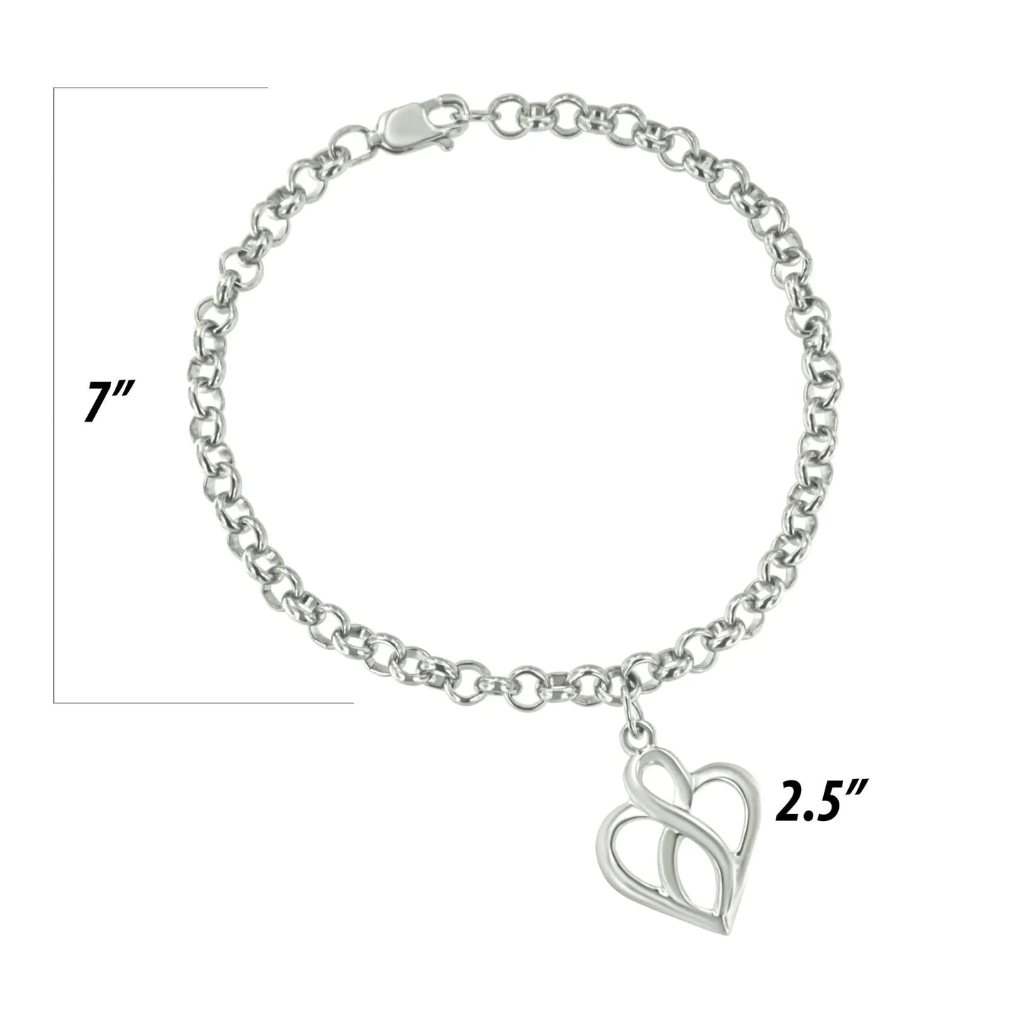 .925 Sterling Silver Open Heart with Center Vertical Infinity Chain Charm Bracelet - Size 7" WEM Support (www.WEM.support)