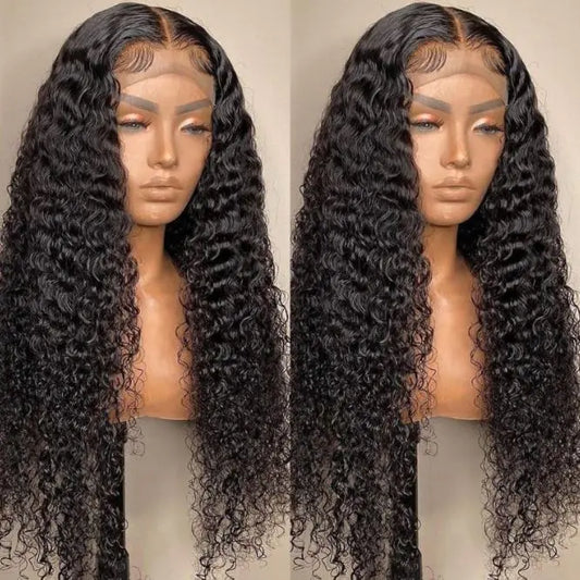 A mannequin head displaying a medium-long curly wig with small rolls, wearing a front lace wig.