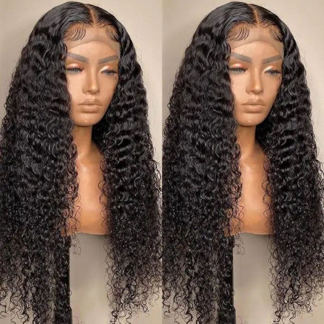A mannequin head displaying a medium-long curly wig with small rolls, wearing a front lace wig.