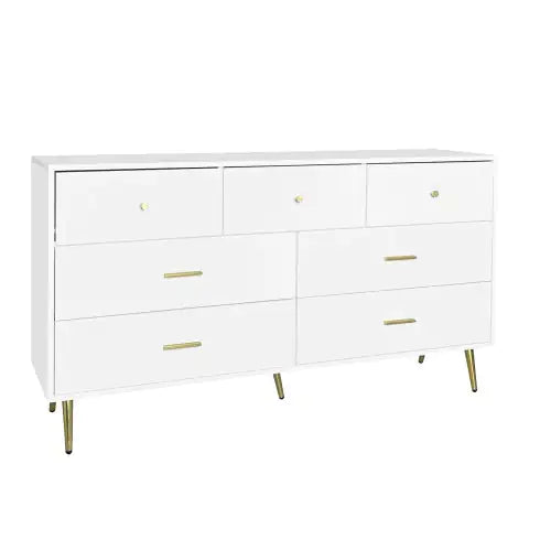Seven Drawers Large Chest Of Drawer Cabinet With Golden Handle And Golden Legs White Color WEM Support (www.WEM.support)