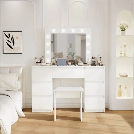 Large White Vanity Tables With Mirror And Light WEM Support (www.WEM.support)