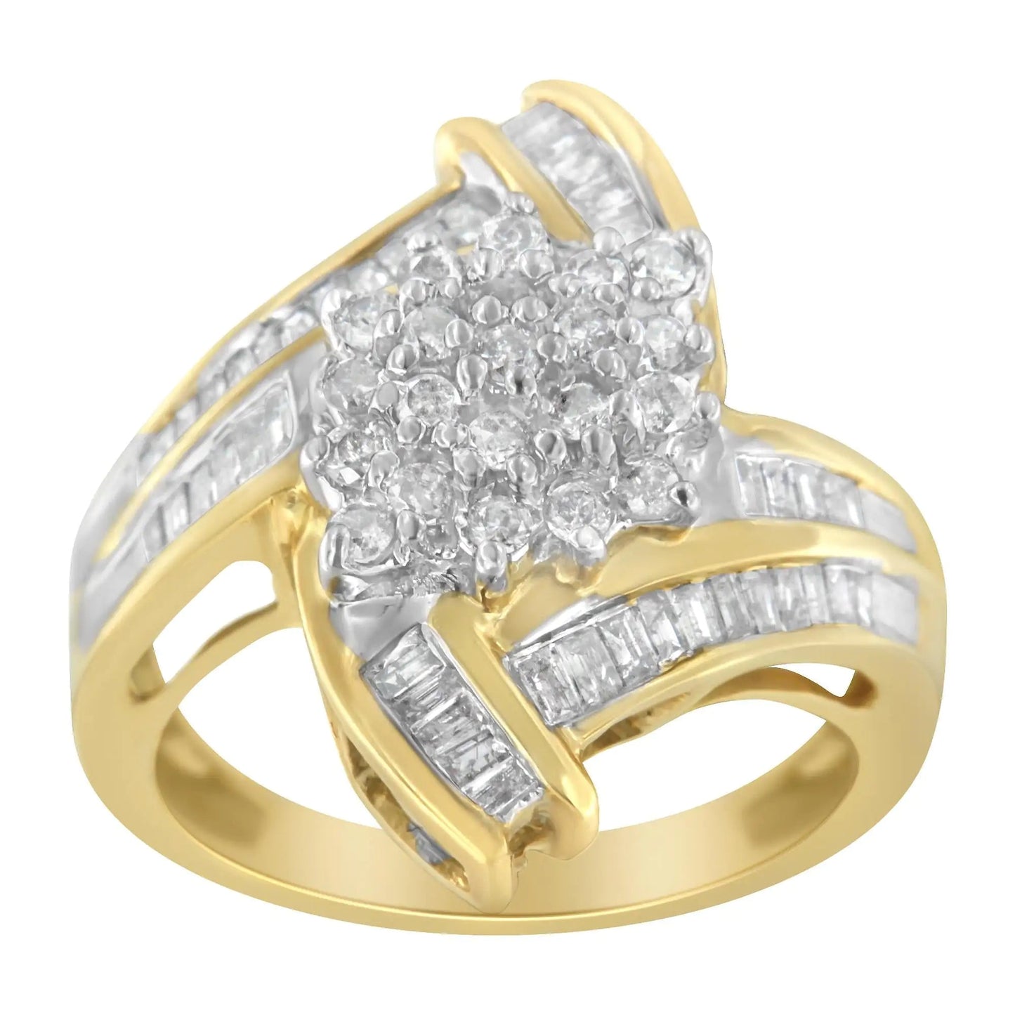 10K Yellow Gold Round and Baguette-Cut Diamond Bypass Cluster Ring (1.0 Cttw, I-J Color, I1-I2 Clarity) WEM Support (www.WEM.support)