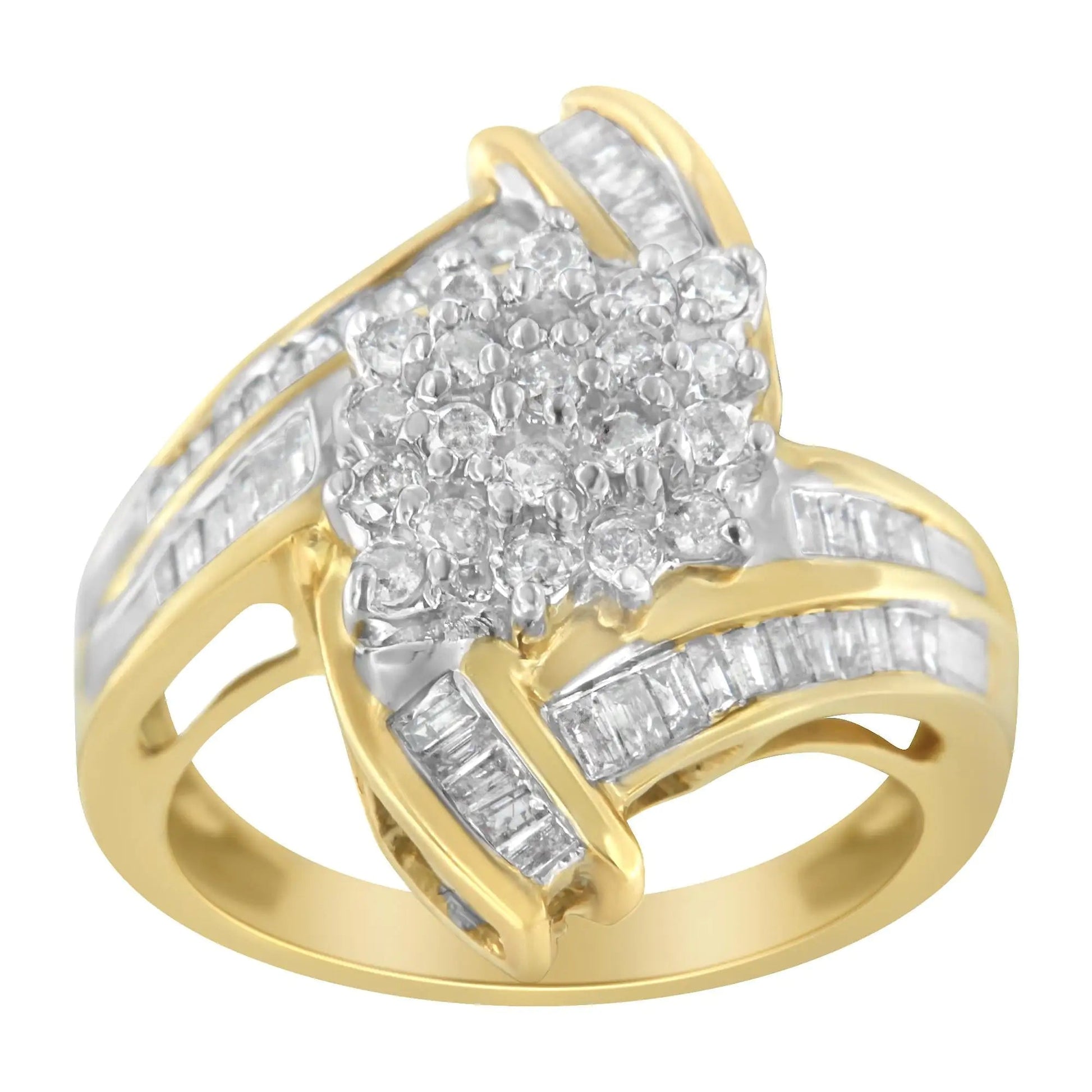 10K Yellow Gold Round and Baguette-Cut Diamond Bypass Cluster Ring (1.0 Cttw, I-J Color, I1-I2 Clarity) WEM Support (www.WEM.support)