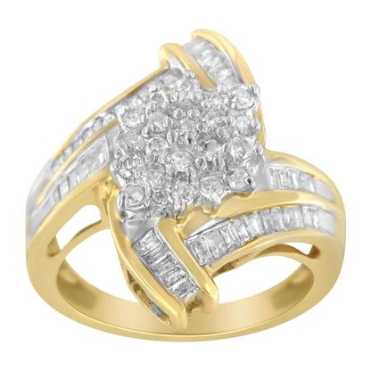 10K Yellow Gold Round and Baguette-Cut Diamond Bypass Cluster Ring (1.0 Cttw, I-J Color, I1-I2 Clarity) WEM Support (www.WEM.support)
