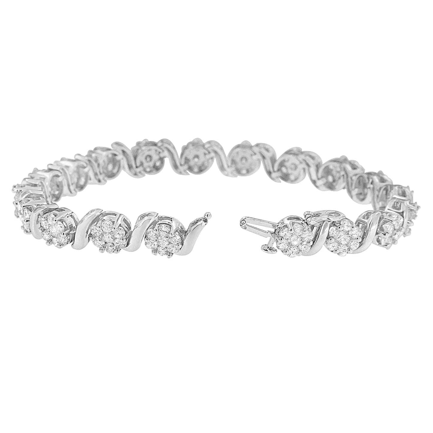 14K White Gold 7 3/8 Cttw Round Brilliant Diamond Floral Cluster and S Link Bracelet (H-I Color, SI2-I1 Clarity) - 7" Inches WEM Support (www.WEM.support)