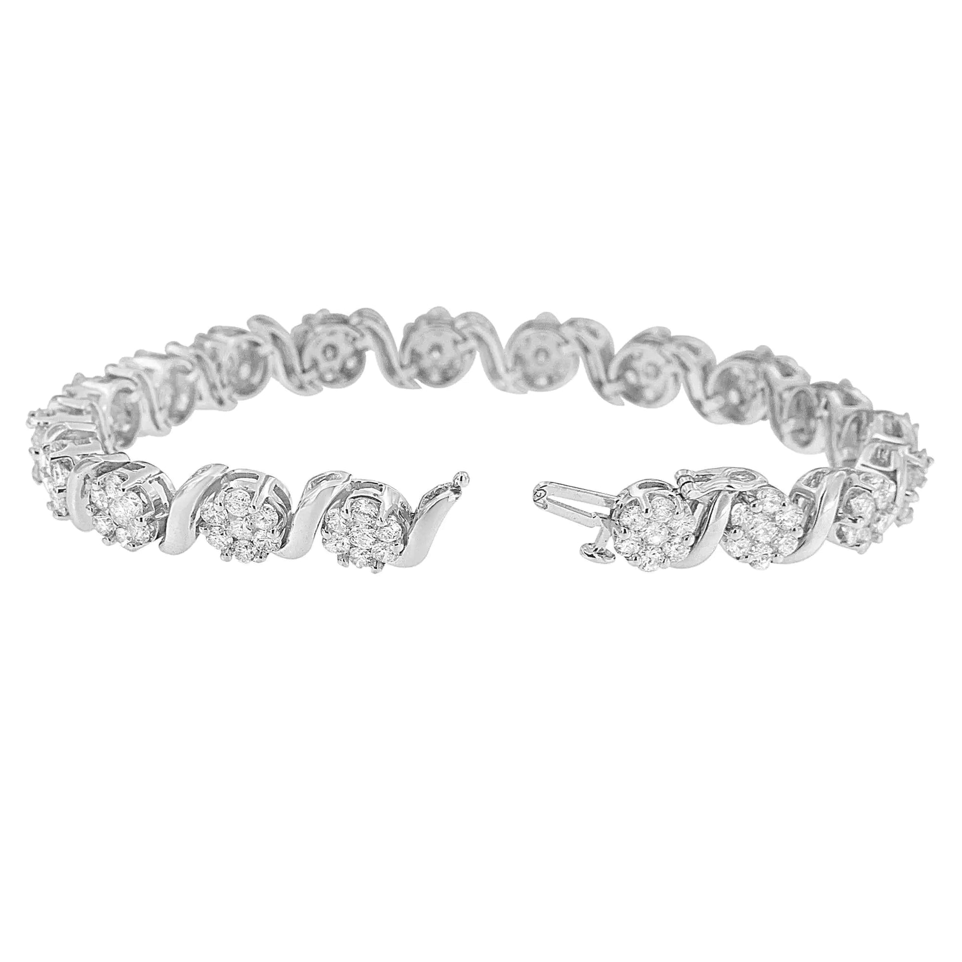14K White Gold 7 3/8 Cttw Round Brilliant Diamond Floral Cluster and S Link Bracelet (H-I Color, SI2-I1 Clarity) - 7" Inches WEM Support (www.WEM.support)