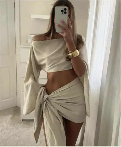 Women’s Sexy Diagonal Neck Long Sleeve Two-Piece Set with Lace-Up Skirt – Spring/Summer 2024 WEM Support (www.WEM.support)