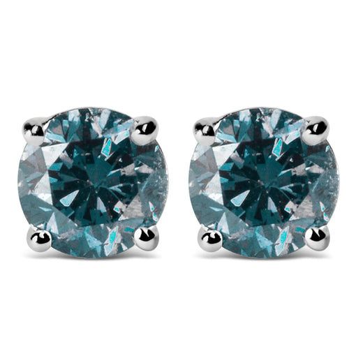 14K Gold Round Brilliant Cut Lab Grown Blue Diamond 4-Prong Classic Solitaire Stud Earrings with Screwbacks WEM Support (www.WEM.support)