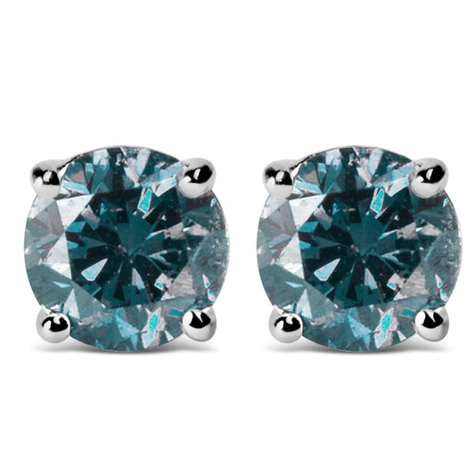 14K Gold Round Brilliant Cut Lab Grown Blue Diamond 4-Prong Classic Solitaire Stud Earrings with Screwbacks WEM Support (www.WEM.support)