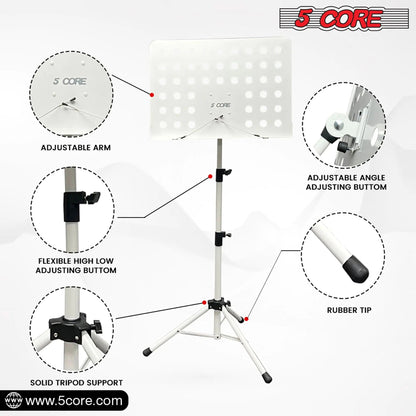 5Core Music Stand For Sheet Music Portable Tripod Adjustable Folding Note Holder WHITE WEM Support (www.WEM.support)