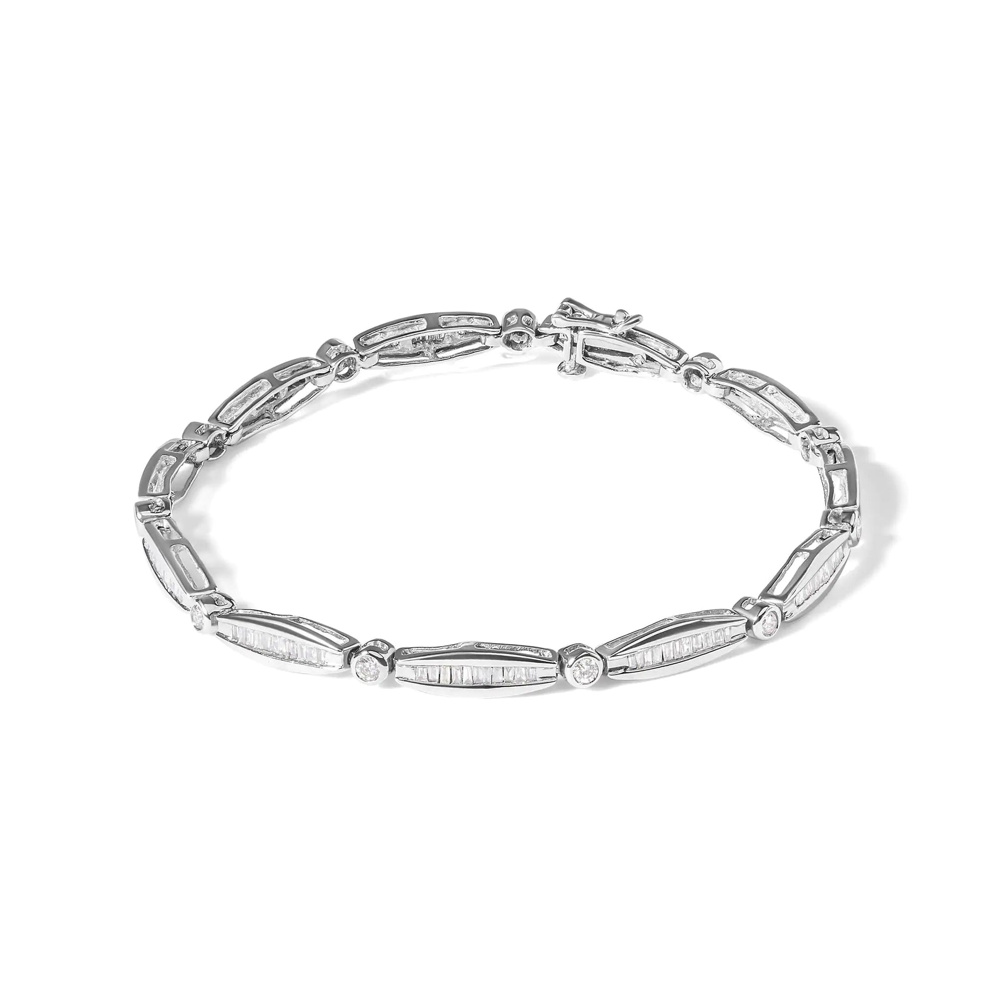 14K White Gold 1-1/2 Cttw Round Brilliant-Cut & Baguette Cut Diamond Bezel and Tapered Link 7" Tennis Bracelet (H-I Color, I1-I2 Clarity) WEM Support (www.WEM.support)