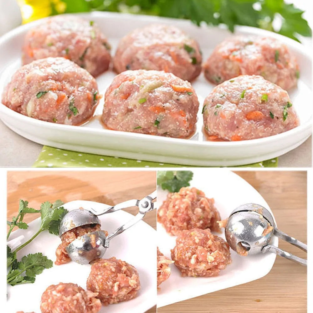 Collage of raw meatballs on a plate with a close-up of a meatball being formed.