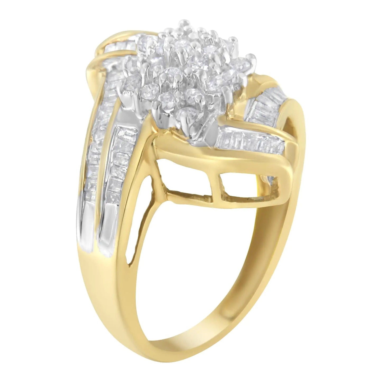 10K Yellow Gold Round and Baguette-Cut Diamond Bypass Cluster Ring (1.0 Cttw, I-J Color, I1-I2 Clarity) WEM Support (www.WEM.support)