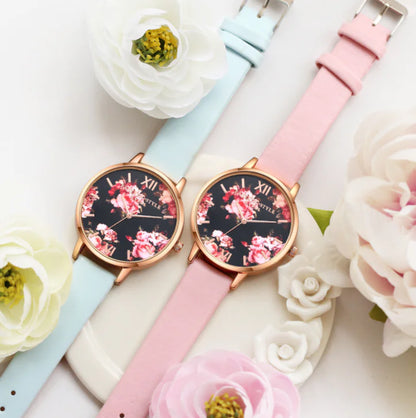 Fashion Floral Dial Watch for Women, PU Strap