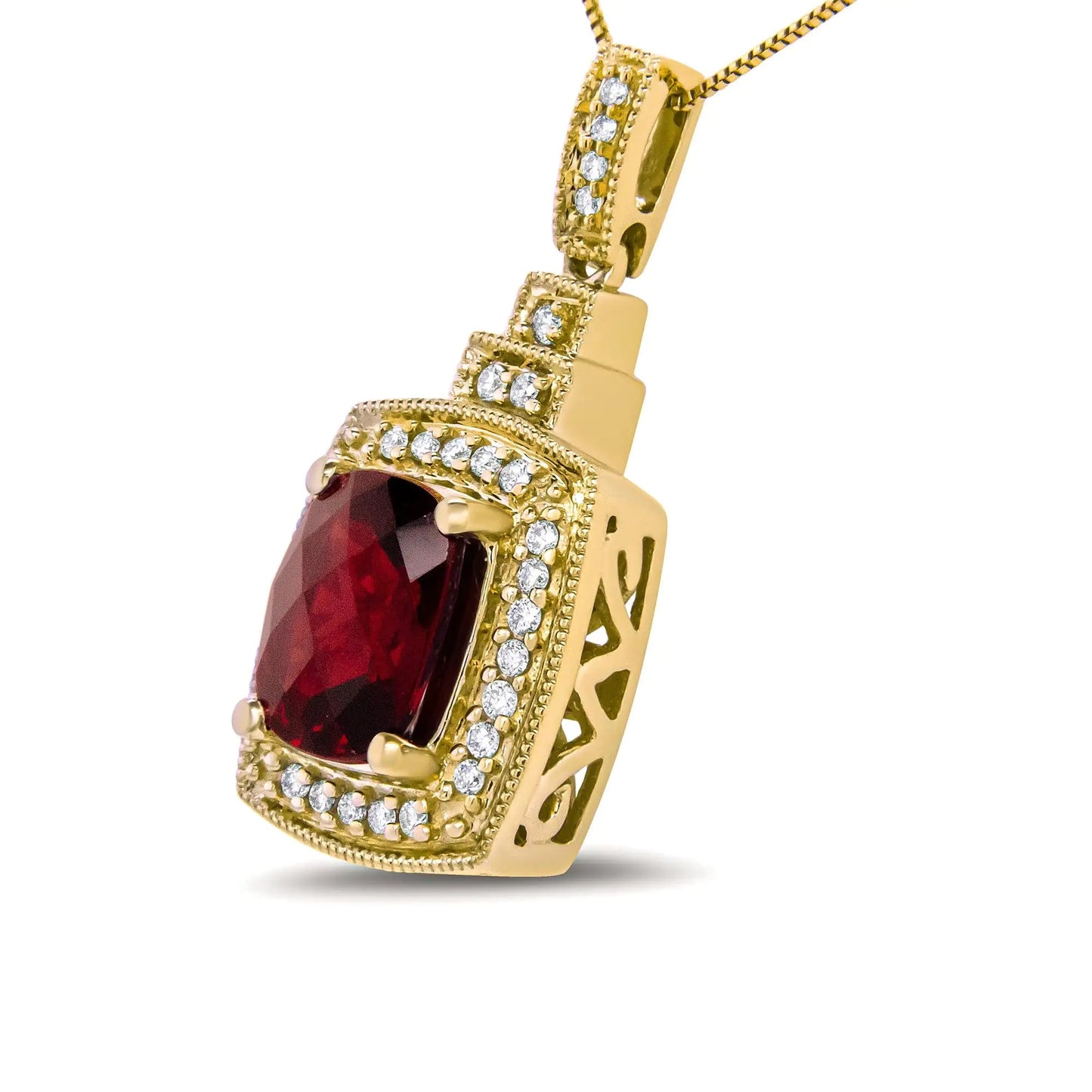 14K Yellow Gold 1/5 Cttw Round Diamond and 9x7mm Cushion Cut Red Garnet Halo 18" Pendant Necklace (H-I Color, VS1-VS2 Clarity) WEM Support (www.WEM.support)