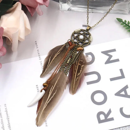 Feather Round Dream Catcher Necklace