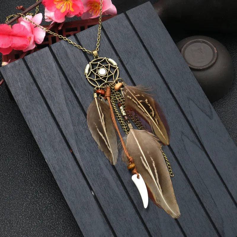 Feather Round Dream Catcher Necklace