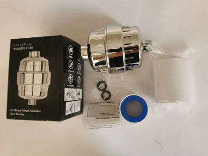 A filtering shower head water purification nozzle with its packaging, installation hardware, and a product description sheet.