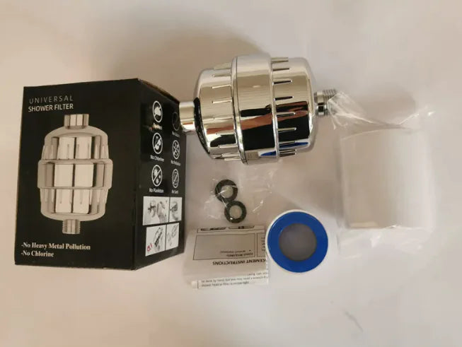 A filtering shower head water purification nozzle with its packaging, installation hardware, and a product description sheet.