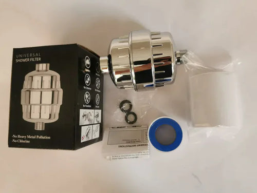 A filtering shower head water purification nozzle with its packaging, installation hardware, and a product description sheet.