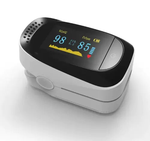 A black finger pulse oximeter with a digital display showing oxygen saturation and pulse rate.