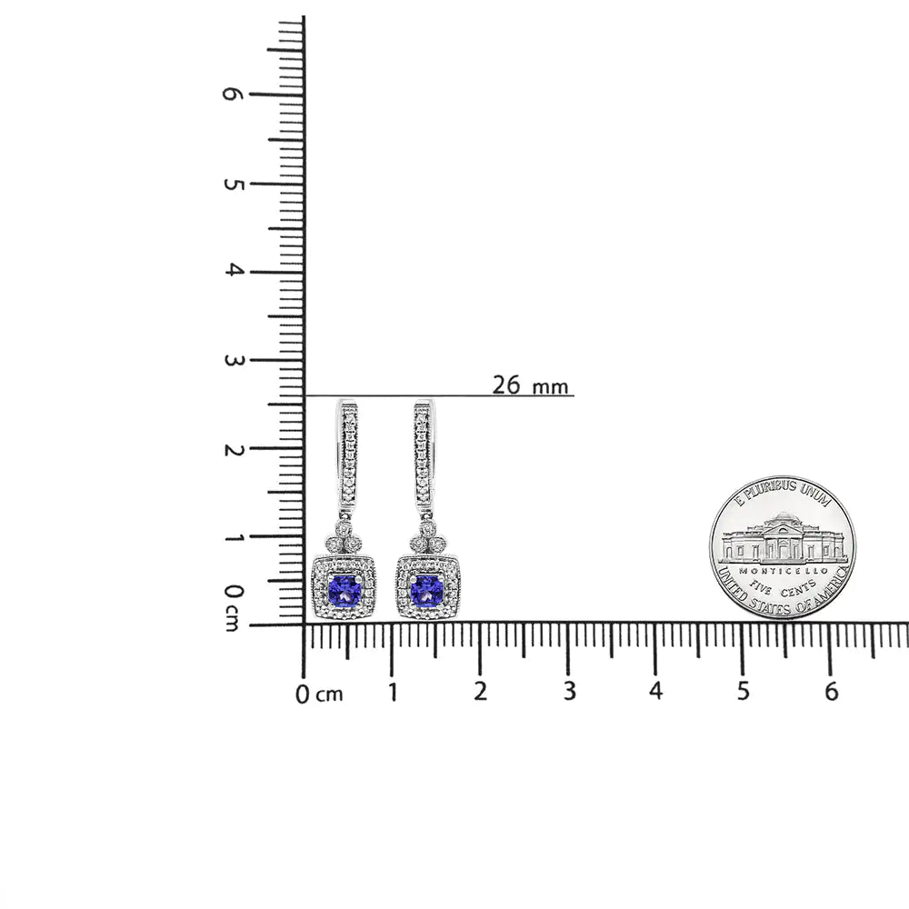 14K White Gold 4x4 mm Cushion Shaped Blue Tanzanite and 1/3 Cttw Diamond Halo 1" Inch Drop and Dangle Earrings (J-K Color, SI2-I1 Clarity) WEM Support (www.WEM.support)