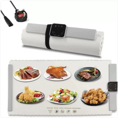 A foldable insulated dining board shown both folded and unfolded with various plates of food displayed on it, alongside a remote control-like device.