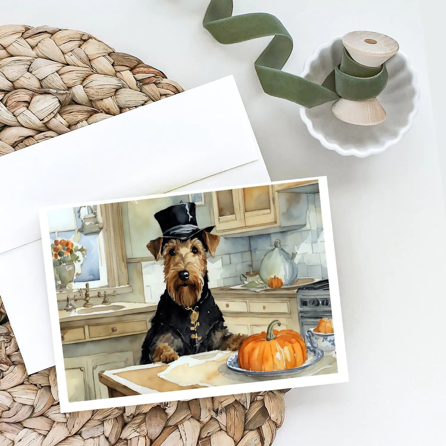 Airedale Terrier Fall Kitchen Pumpkins Greeting Cards Pack of 8 WEM Support (www.WEM.support)