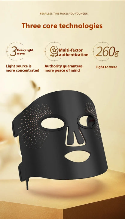 A black silicone photon mask designed for skincare, highlighting its three core technologies including light therapy, multi-factor authentication, and 260g weight.