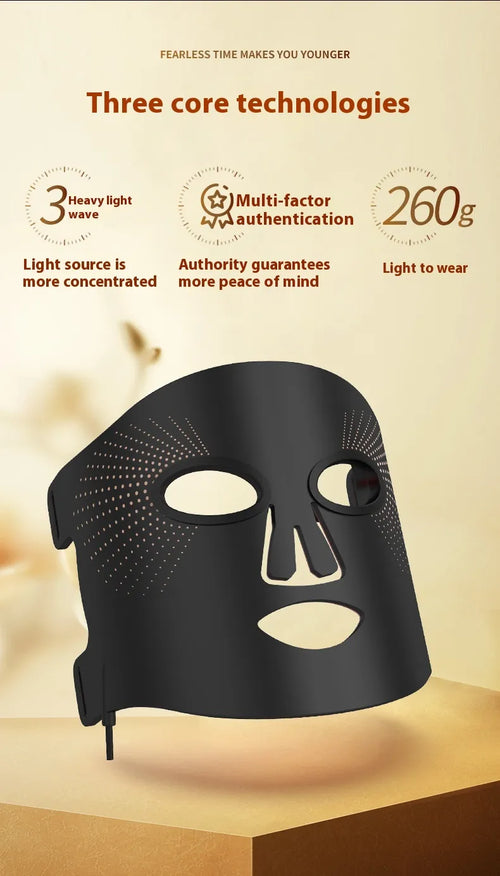 A black silicone photon mask designed for skincare, highlighting its three core technologies including light therapy, multi-factor authentication, and 260g weight.