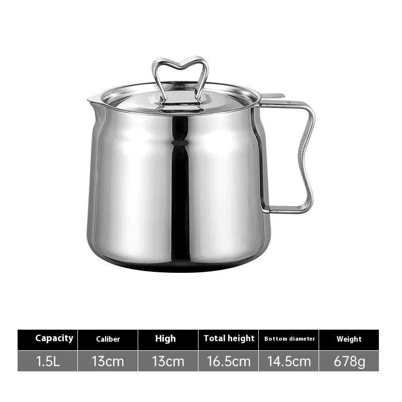 A stainless steel frying basket with oil filter next to its product details including capacity, dimensions, and weight.