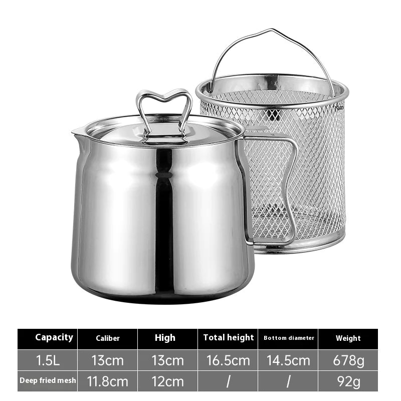 A stainless steel frying basket with oil filter next to its product details including capacity, dimensions, and weight.