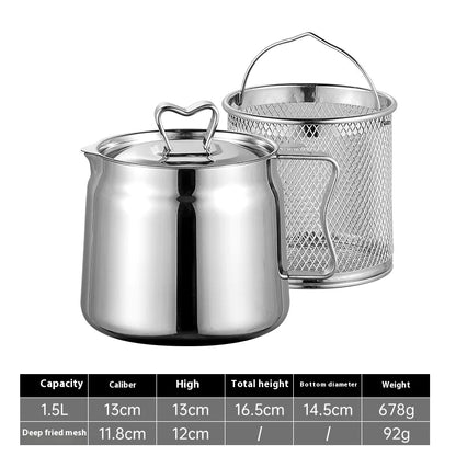 A stainless steel frying basket with oil filter next to its product details including capacity, dimensions, and weight.