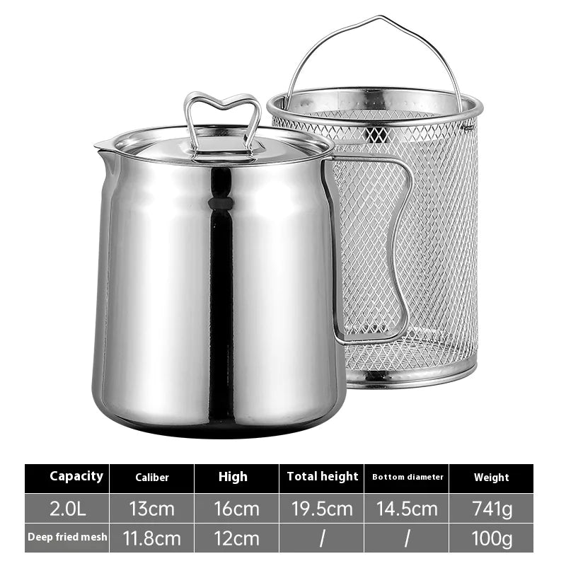 A stainless steel frying basket with oil filter next to its product details including capacity, dimensions, and weight.