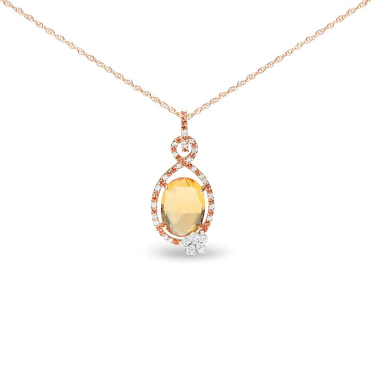 18K Rose Gold 1/5 Cttw Diamond and Oval Yellow Citrine and Round Orange Sapphire Gemstone Openwork Halo Teardrop with Flower Design 18" Pendant Necklace (G-H Color, SI1-SI2 Clarity) WEM Support (www.WEM.support)