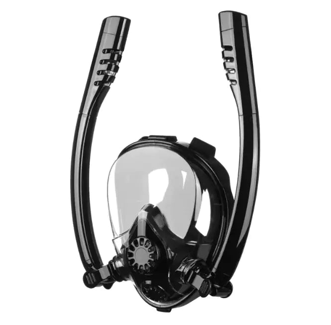 A full dry diving mask snorkeling mask with a dry snorkel valve, designed for natural breathing and panoramic visibility.