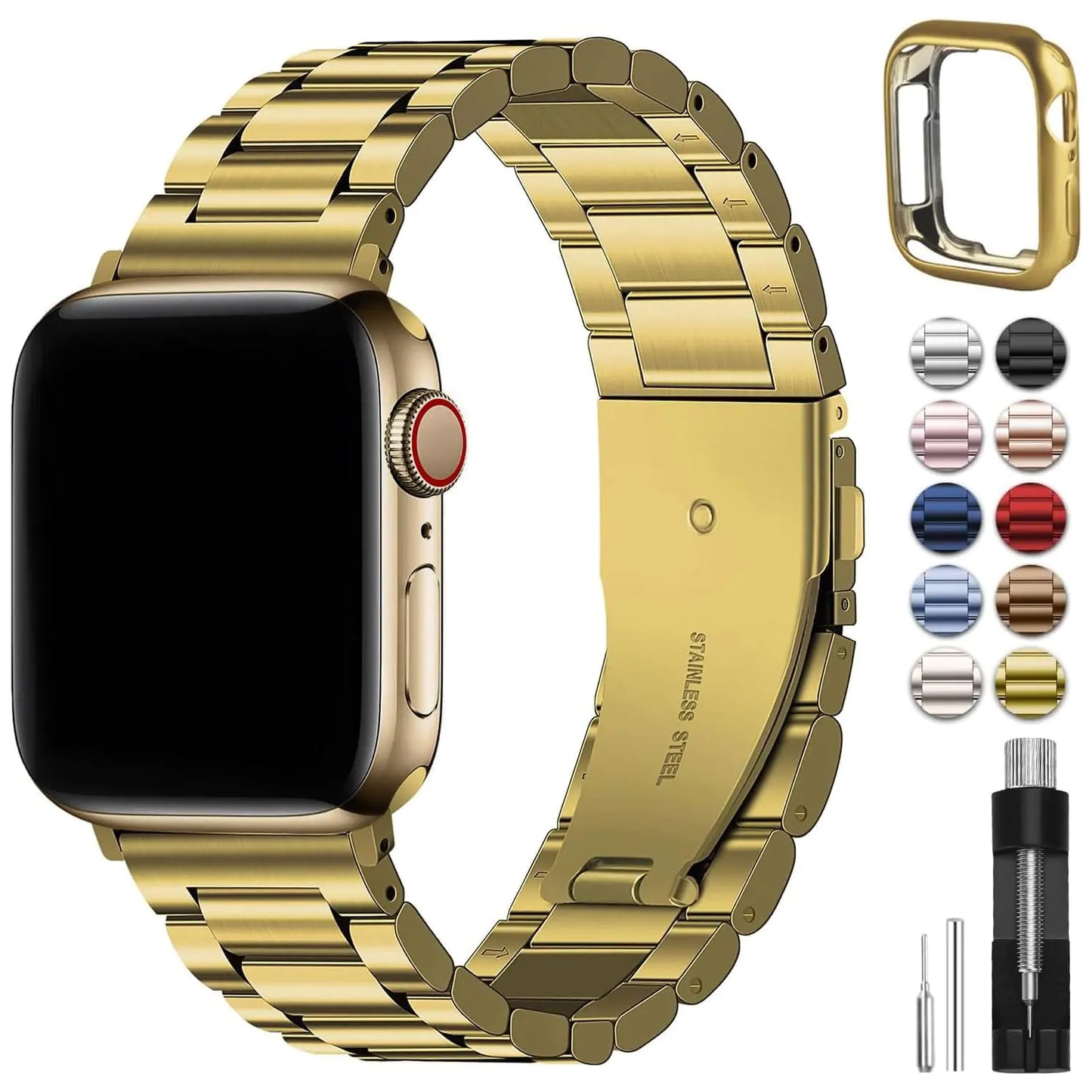A rose gold metal band for Apple Watch with a matching rose gold case, displayed alongside various other color options and tools for installation.
