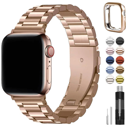 A rose gold metal band for Apple Watch with a matching rose gold case, displayed alongside various other color options and tools for installation.