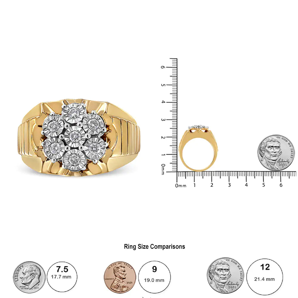 Anillo de Racimo de Diamantes Florales Milagroso de 1/3 Quilate en Plata Esterlina .925 Bañada en Oro Amarillo de 14K (Color I-J, Claridad I1-I2) WEM Support (www.WEM.support)