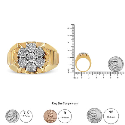 Anillo de Racimo de Diamantes Florales Milagroso de 1/3 Quilate en Plata Esterlina .925 Bañada en Oro Amarillo de 14K (Color I-J, Claridad I1-I2) WEM Support (www.WEM.support)