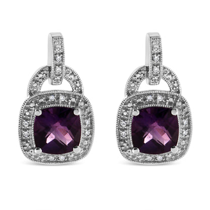 .925 Sterling Silver 8MM Natural Cushion Shaped Amethyst and Diamond Accent Halo with Push Back Dangle Earrings (I-J Color, I2-I3 Clarity) WEM Support (www.WEM.support)