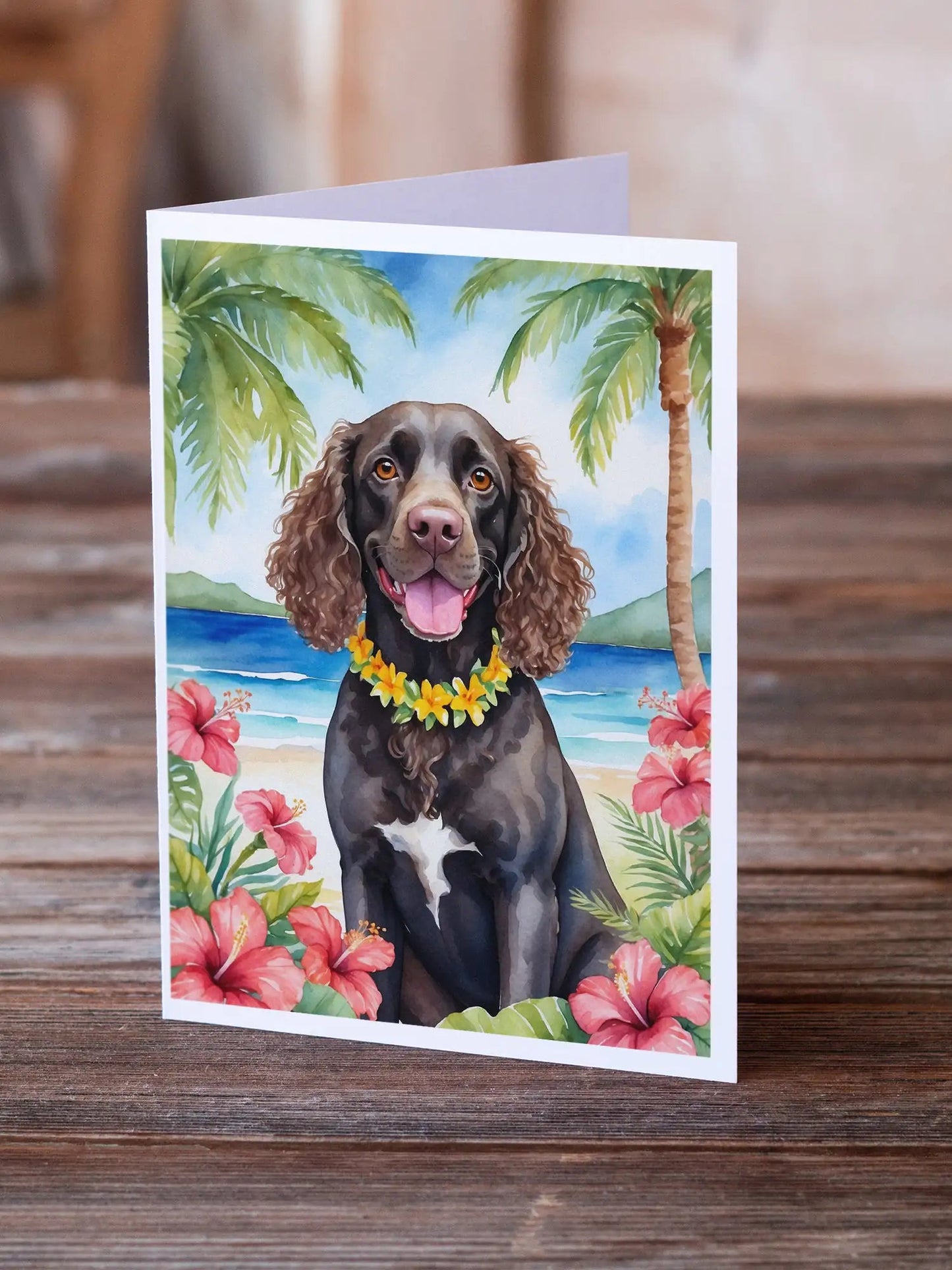 American Water Spaniel Luau Greeting Cards Pack of 8 WEM Support (www.WEM.support)