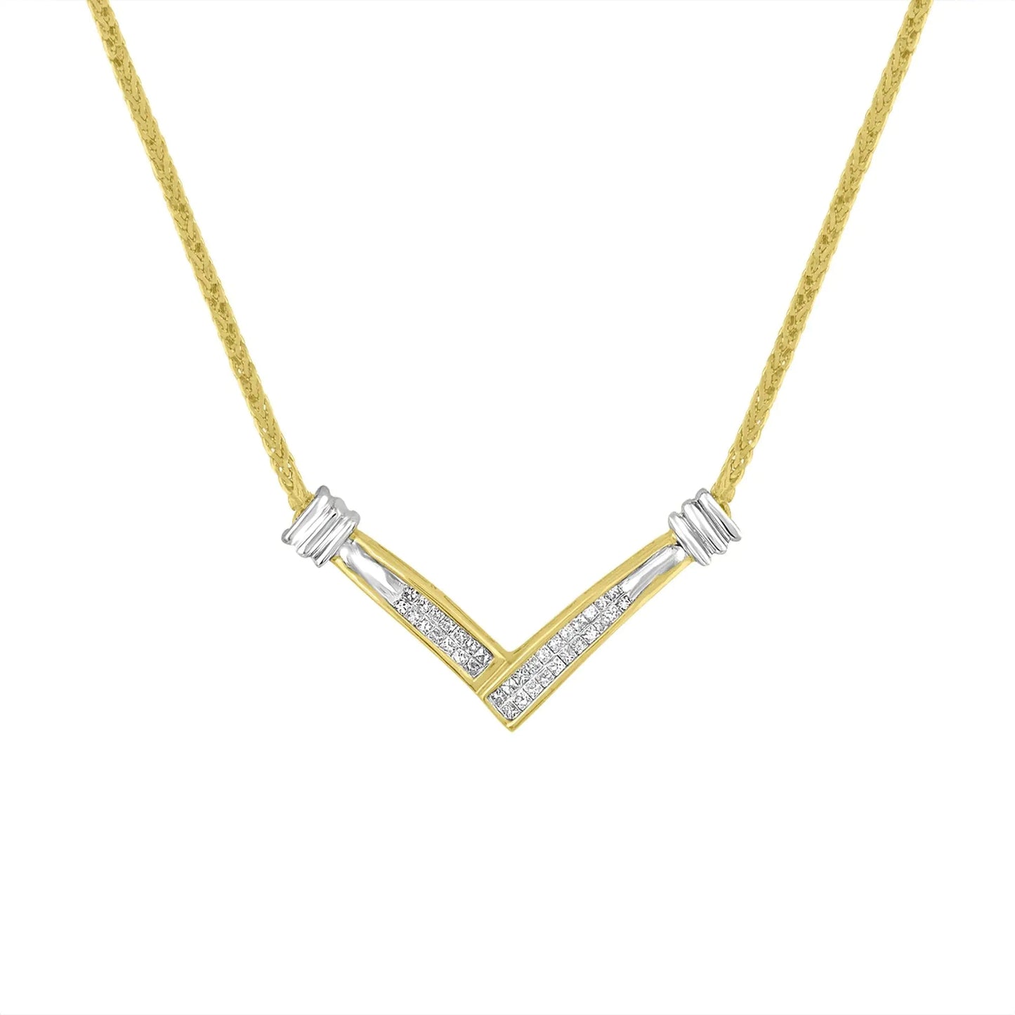 14K Yellow and White Gold 1/4 Cttw Princess Cut Diamond Channel-Set “V” Shape 18" Pendant Necklace (H-I Color, SI2-I1 Clarity) WEM Support (www.WEM.support)