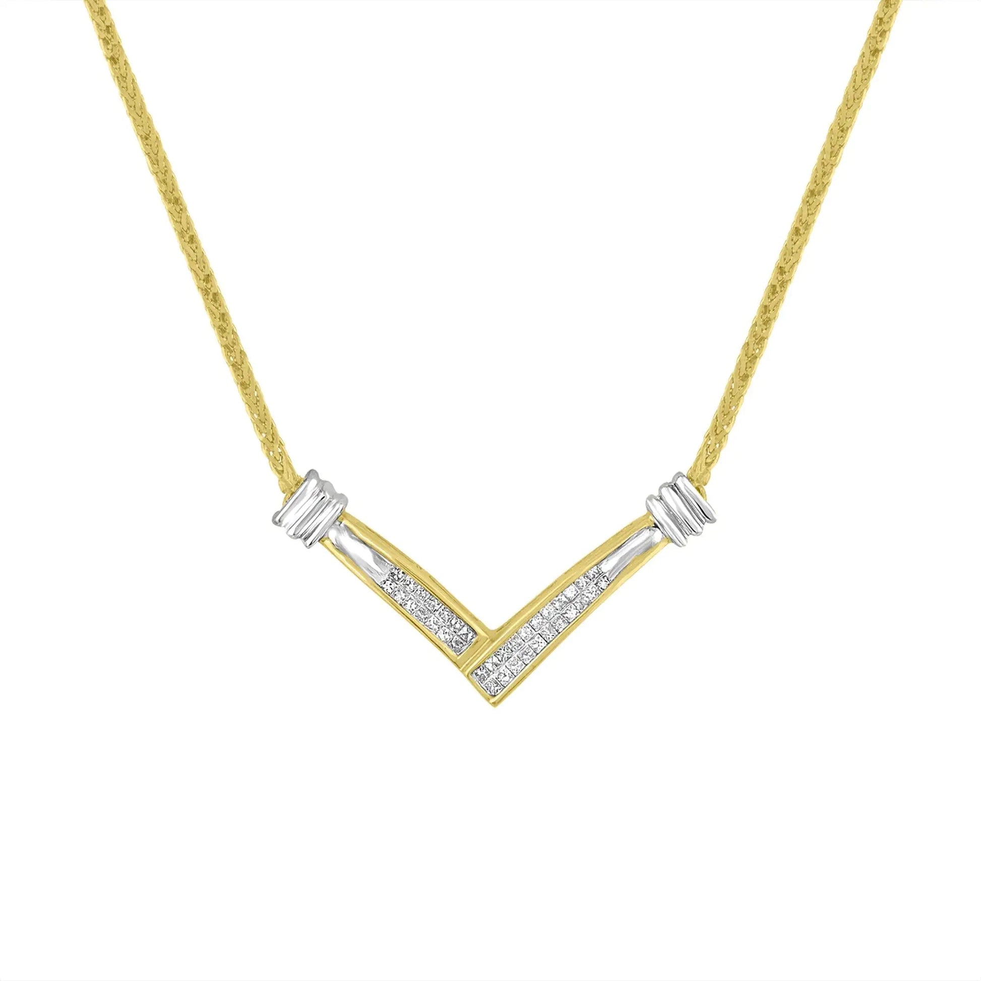14K Yellow and White Gold 1/4 Cttw Princess Cut Diamond Channel-Set “V” Shape 18" Pendant Necklace (H-I Color, SI2-I1 Clarity) WEM Support (www.WEM.support)