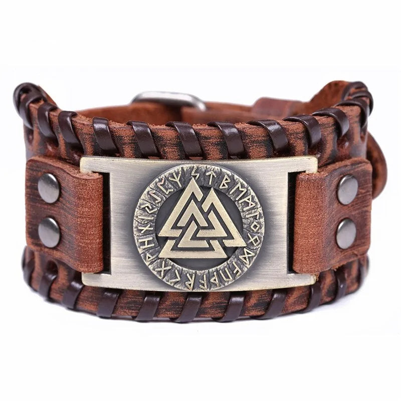 Viking Valknut Amulet Leather Bracelet WEM Support (www.WEM.support)