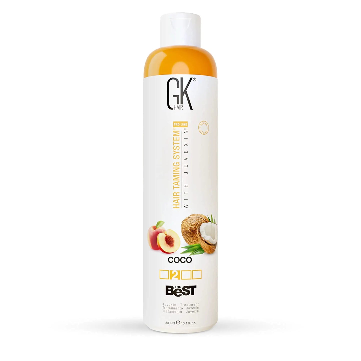 Bottle of GK HAIR Global Keratin The Best COCO smoothing keratin hair treatment with images of coconut and peach on the label.