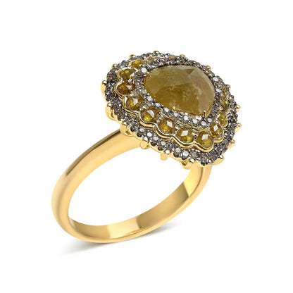 14K Yellow Gold 3.00 Cttw Yellow Rose Cut and White Diamond Halo Cocktail Ring (Yellow/I-J Color, I1-I2 Clarity) - Size 7 WEM Support (www.WEM.support)