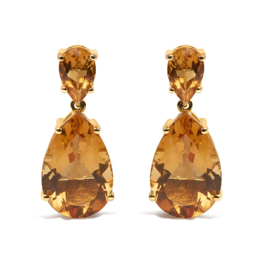 10K Yellow Gold Plated .925 Sterling Silver 12 1/3 Cttw Pear Shaped Orange Citrine Dangle Double Drop Stud Earring WEM Support (www.WEM.support)