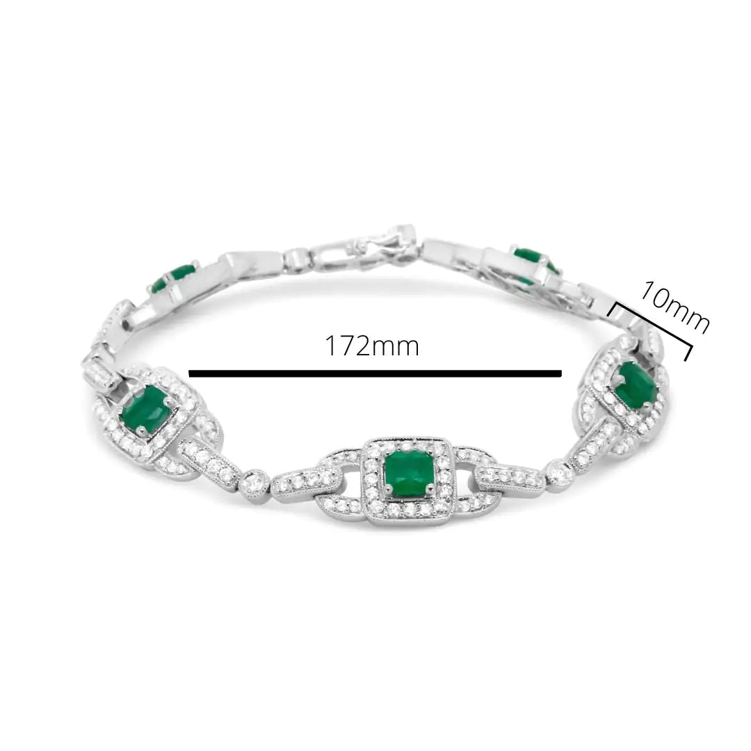 14K White Gold 5mm Emerald Cushion Cut and 2.00 Cttw Round Bezel-Set Diamond Link Bracelet - (H-I Color, VS1-VS2 Clarity) - Size 7" WEM Support (www.WEM.support)