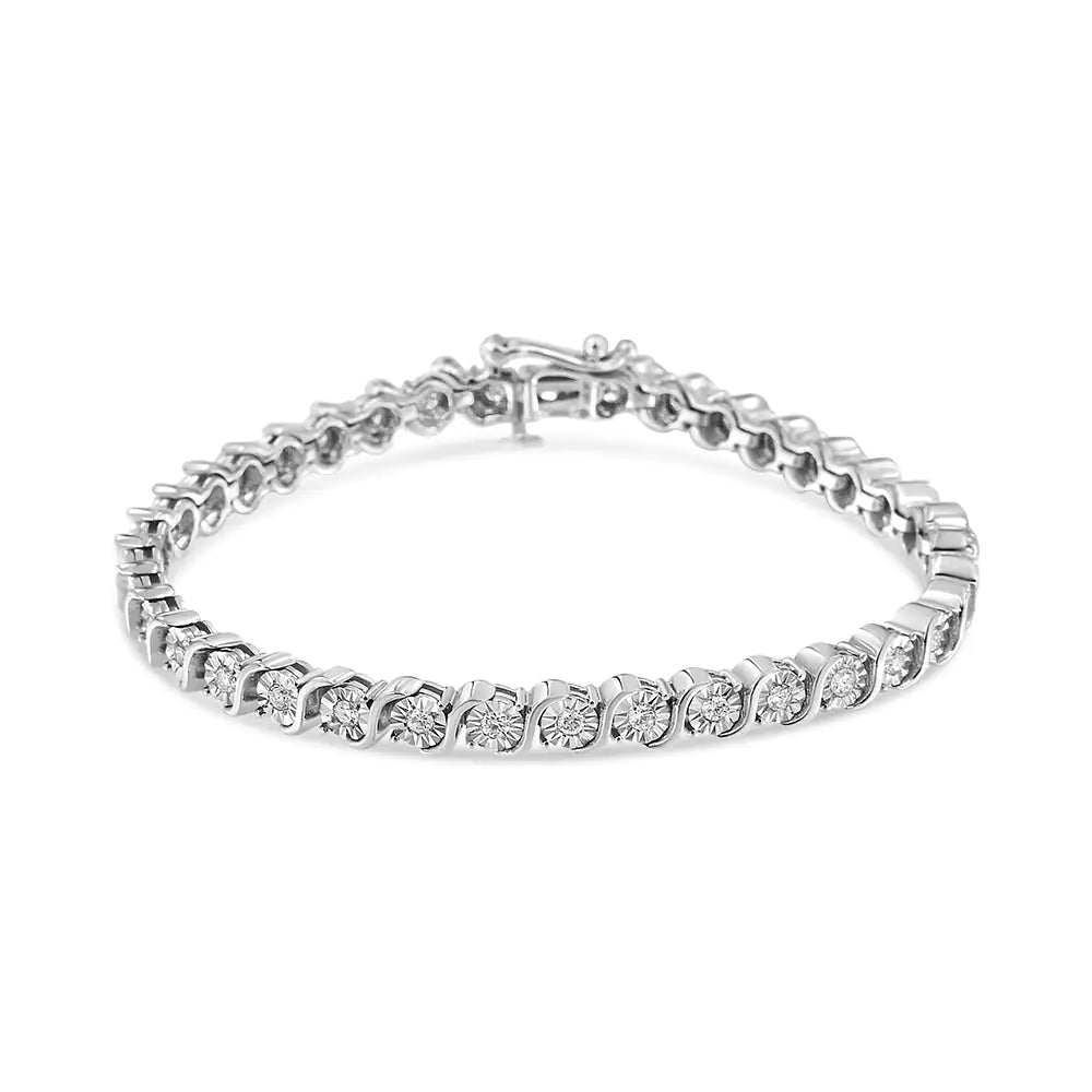 14K White Gold 1.00 Cttw Lab Grown Diamond Round Miracle Plate and "S" Link Tennis Bracelet (F-G Color, VS2-SI1 Clarity) Size 7" WEM Support (www.WEM.support)